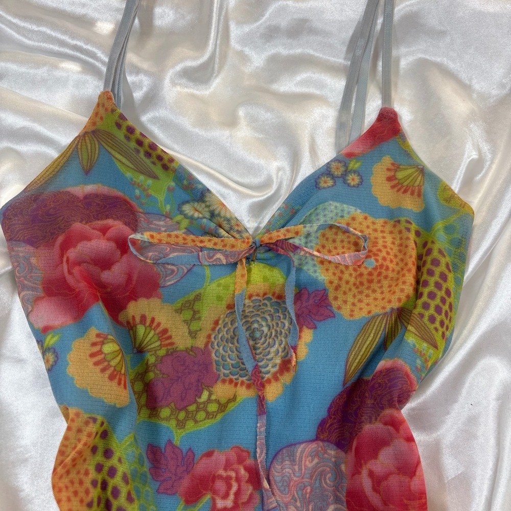 y2k Cami Top Blue Excellent Mesh Floral Lettuce Edge Tie Front Twilight Camisole - Picture 3 of 6